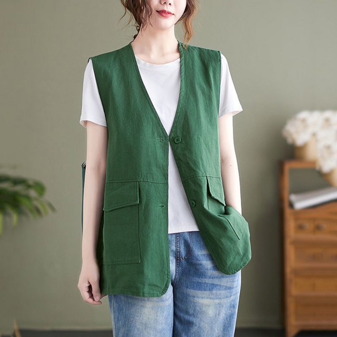 여름 여성 빅사이즈 브이넥 린넨 조끼베스트 카디건 루즈 가디건 자외선차단 점퍼 5color