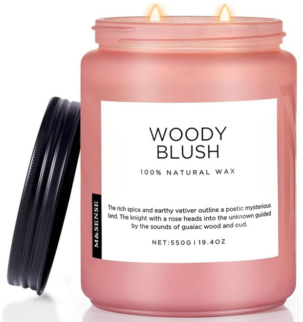 M&SENSE 바닐라 소이 캔들 라지 2 윅 병 캔들 19.4온스 110시간 연소 시간 100% 천연 왁스 릴랙싱 아로마테라피 향 여성 및 남성용 집들이 선물, Woody Blush, 1개
