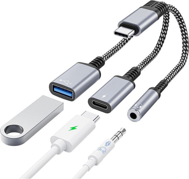 USB OTG 3.0 USB-A USB C타입 3.5 aux 이어폰 충전 동시사용 듀얼 젠더 3.5mm 헤드폰 변환 어댑터 통화 커넥터 C타입 이어폰 충전 동시 변환젠더 고속충전, 1개, 실버, 3in1커넥터