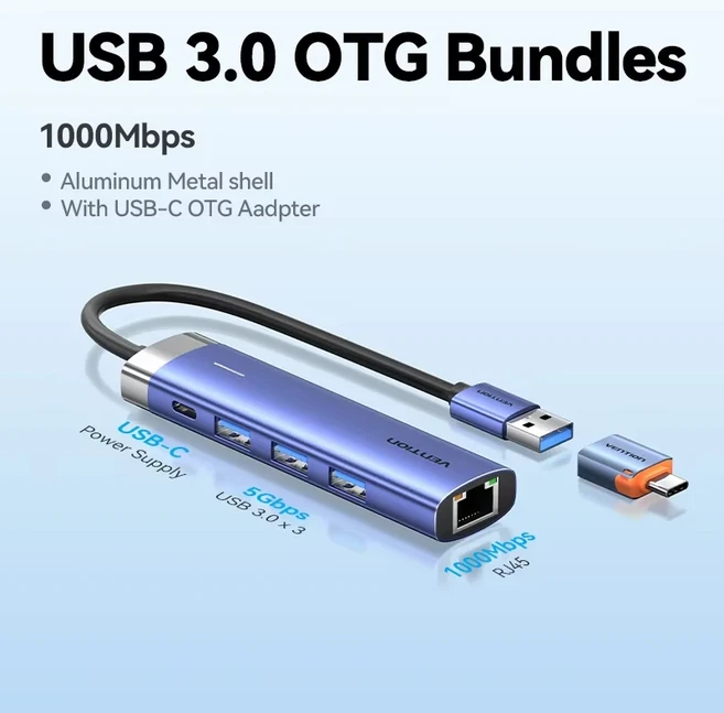 벤션 USB 3.0 이더넷 어댑터 허브 RJ45 1000Mbps 랜 맥북 노트북 레노버 윈도우 PC용 C 스위치, 1개, 01 USB3.0 OTG Bundles