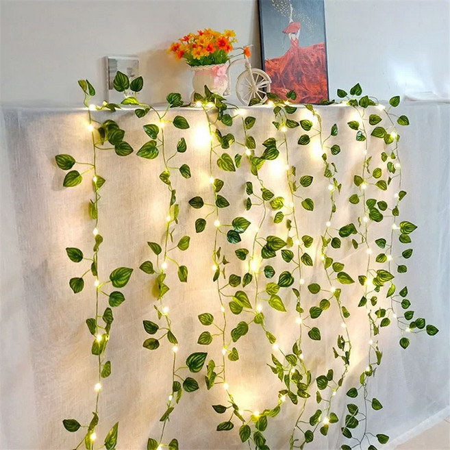 꽃 녹색 잎 스트링 인공 덩굴 요정 전원 크리스마스 트리 화환 잡초 홈 장식, Watermelon leaves_2M 20LEDS, 2M 20LEDS