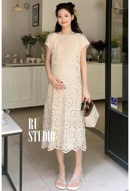 RU STUDIO 鉤花鏤空孕婦洋裝
