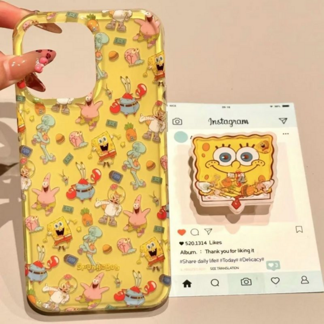 다이슝 스폰지밥 움직이는 쉐이커 맥세이프 마그네틱 그립 톡홀더 아이폰17/16/15 호환 케이스