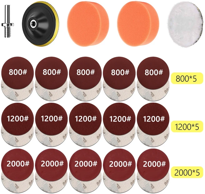자동차 헤드라이트 복원제 수리 복원 키트 연마 디스크 왁싱 스폰지 샌딩 패드 사포 포함 디테일링 3 인치 75mm, 20PCS 800-1200-2000
