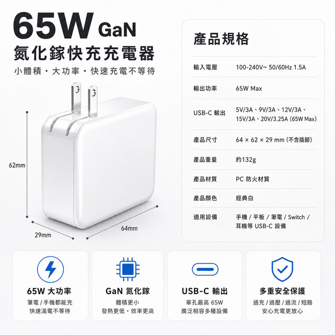 35W 氮化鎵 GaN 雙口快充充電器 伸縮線 適用於 Apple iPhone 15-16/iPad 全系列, 1個, 白色