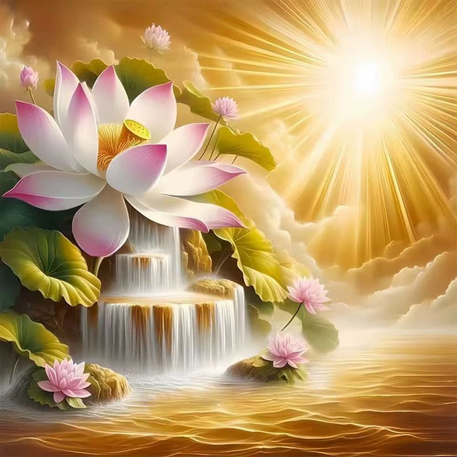 금빛 햇살을 받은 연꽃 벽면 스티커 금전운 재물운의 상징 기원연꽃 평안 화목 돈을 끌러모으는 풍수데코 스티커 소/중/대형 벽지 흠집 가리개 거실 현관 침실 포인트 포스터, 금빛 햇살을 받은 연꽃-01