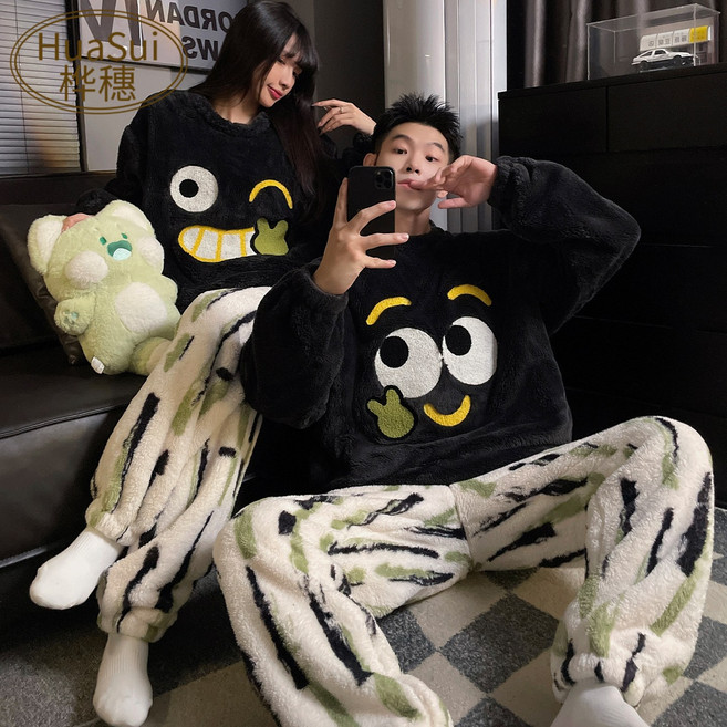 커플용 긴팔 기모 잠옷 신혼부부 겨울 상하 세트 홈웨어