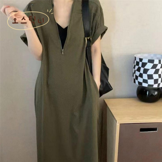 오스틱니 (땡처리 특가상품) 130kg까지 빅사이즈 여성 여름 집업 순색 빈티지 반팔 원피스 날씬해보이는 루즈핏 박스 프렌치 헵번 지퍼 심플 큰옷 여성의류 큰언니 롱원피스 이월상품