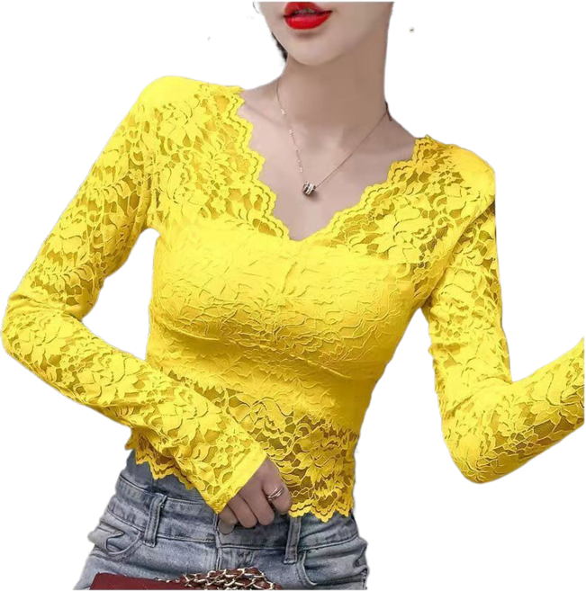 댄스복 상의 레이스 브이넥 슬림 숏 긴팔 티