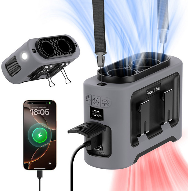 Socool 14500mAh 휴대용 허리 선풍기 듀얼 에어플로우 출구 모터 4개의 클립 비상용 손전등 아웃도어용, Gray