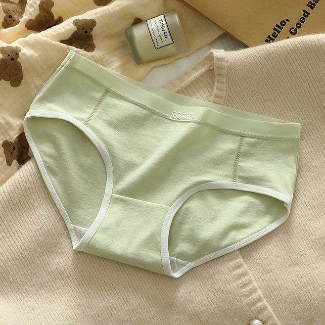 女士親膚透氣 簡約少女 無痕純棉 內褲, 綠色+白色,L