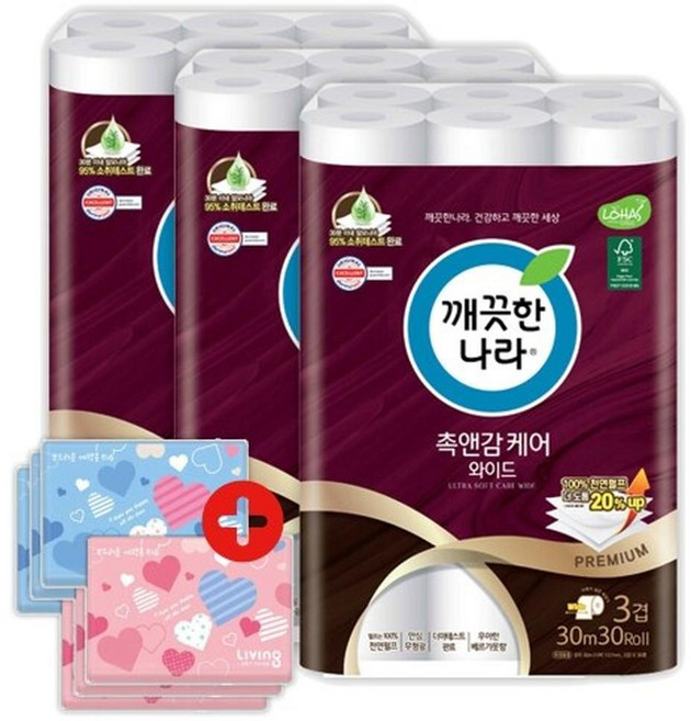 깨끗한나라 촉앤감 케어 와이드 3개+여행용티슈 6개, 1세트