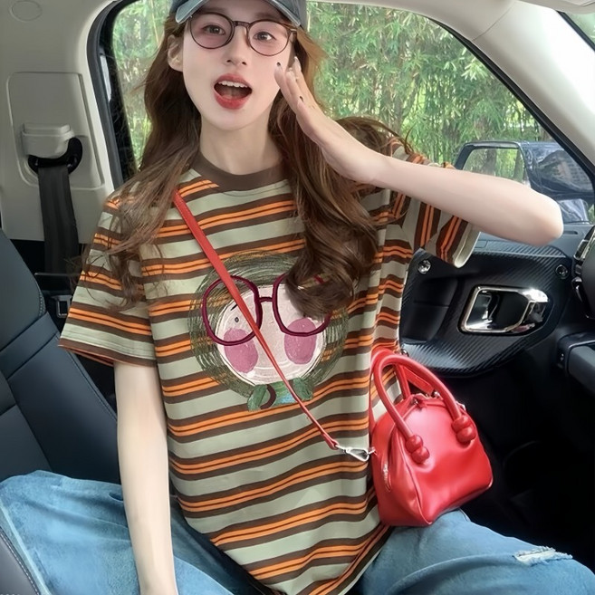 투니스 여성 빈티지 스트라이프 프린팅 루즈핏 반소매 티셔츠