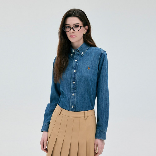 라파클럽 남녀공용 데님 긴팔 셔츠 데일리 캐주얼 면 100% 남방 자수 로고