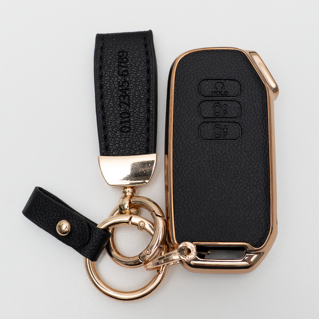 양면각인 기아 호환 K5 DL3 K8 EV6 쏘렌토MQ4 스포티지NQ5 올뉴니로 더뉴셀토스SP2 리모컨 가죽 차키케이스 커버 스마트 7버튼 키홀더 스트랩, KH17_TL64, 블랙골드