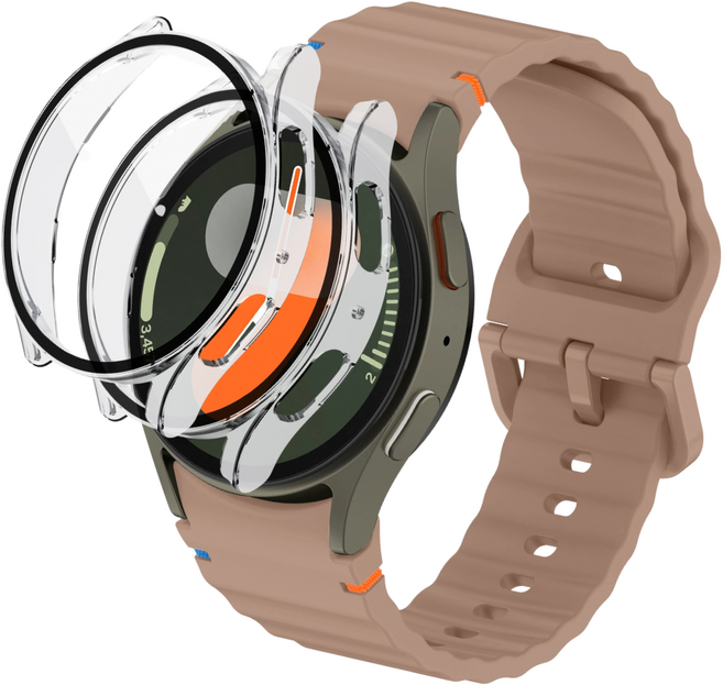 데일리피 갤럭시워치 호환 실리콘 컬러풀한 스티치 스트랩 8/7/6/6클래식/5/5프로/4/4클래식+PC 케이스 2개, 밀크티/투명