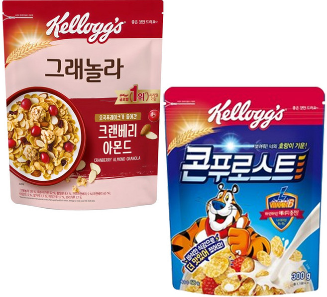 켈로그 시리얼 2종 세트 (콘푸로스트 + 크랜베리 아몬드 그래놀라), 1세트, 600g
