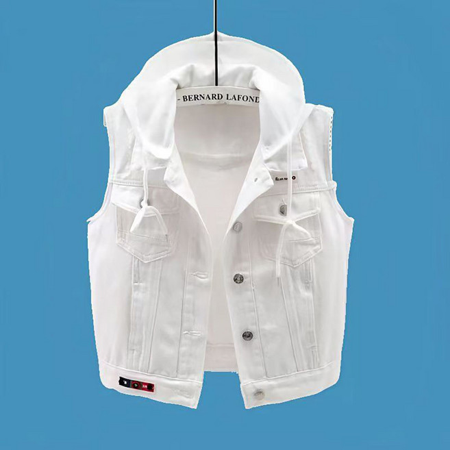 IWMAFT 여성 봄 여름 후드 조끼 면 소재 자수 포켓 버튼 여밈 SQ739