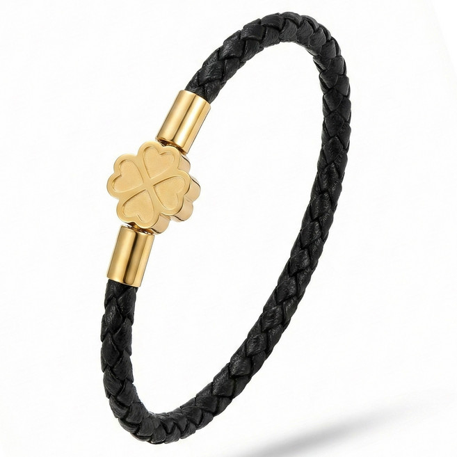 [써지컬 스틸] 미국 아마존 2년 연속 스테디 셀러 르포렘 천연가죽 18K금도금 클로버 핸드메이드 미니멀 남자팔찌 여자팔찌 커플팔찌 남자친구 여자친구 선물
