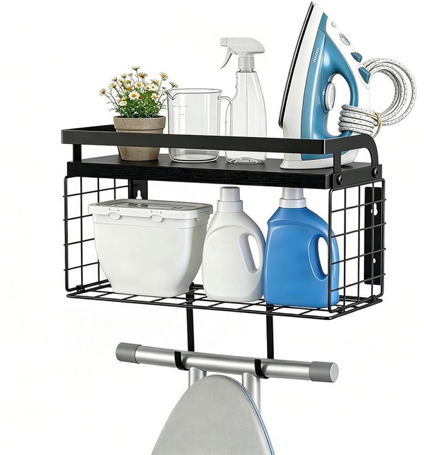 BSTSLL Ironing Board Hanger Wall Mount with Large Storage Organizer and Adjustable Hooks 2 Tier I, BSTSLL Ironing Board Hanger Wa