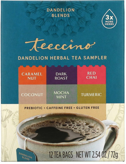Teeccino 민들레 허브 티 샘플러 6가지 향 카페인 무함유 티백 12개입 72g(2.54oz) 2팩, 25 명 개, 1개, 72g