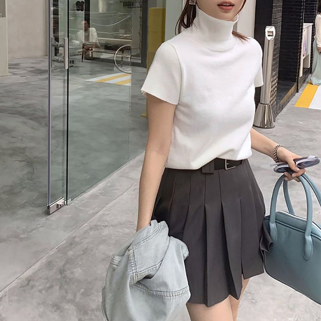 네모엔룩 여성용 램스울반소매 베이직 고퀄리티 폴라넥 터틀넥 앙고라 반팔 울 니트 NL