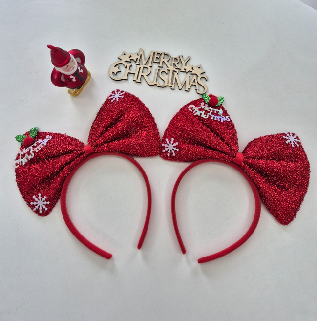 MERRY XMAS 크리스마스 파티 왕리본 머리띠 반짝이 헤어 악세사리, 2개, 레드