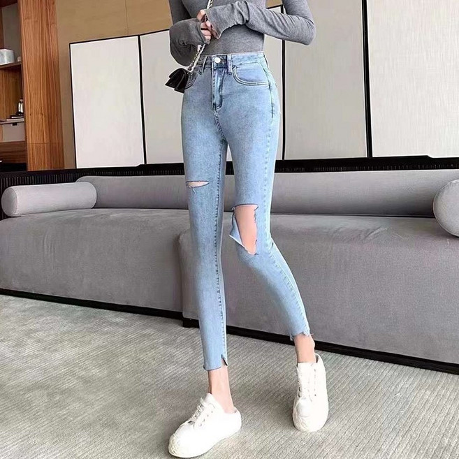 JinG 顯瘦高腰九分褲 不對稱割破牛仔褲 下擺不收邊