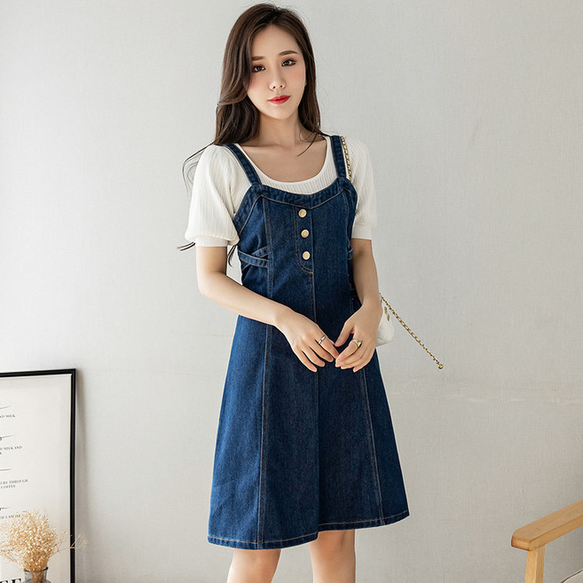 아이엠몽 여성 뒷 밴딩 매듭 포인트 뷔스티에 데님 미니 원피스