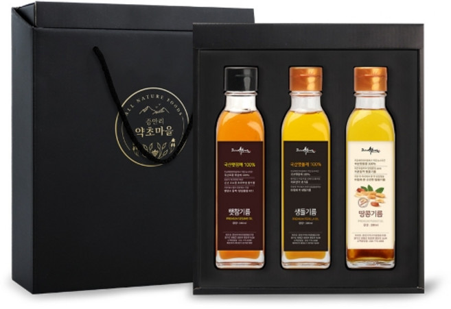 증안리약초마을 저온압착 국산 고소한 참기름/들기름/땅콩기름 3종 선물세트, 1개, 180ml