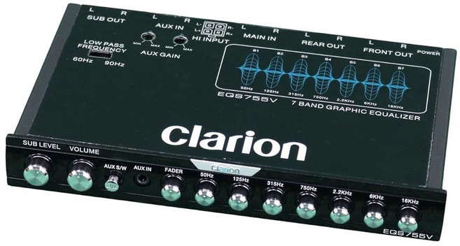 CLARION EQS755V 7밴드 자동차 오디오 1/2DIN 크기의 그래픽 이퀄라이저/크로스오버(프론트 3.5MM 보조 입력 리어 RCA 입력 및 고레벨 스피커 포함), 1개