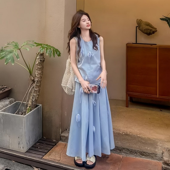 여름 여성 투피스 세트 프렌치한 민소매 하객룩 롱 스커트 세트 캐주얼 휴양지룩 투피스 치마 세트