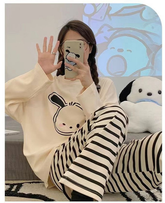 附胸墊長袖睡衣女學生春秋休閒睡衣套裝 可外穿