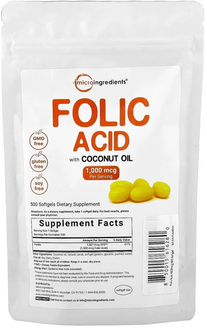 Micro Ingredients 엽산 1000mcg 소프트젤 500정, Micro Ingredients, 엽산, 1,000mc, 1개 - 쿠팡