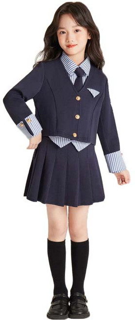 크리스탈하우스 아동 봄 가을 간절기 여아 스쿨룩 네이비 체크 셔츠 주름 치마 자켓 4종 세트 CE022