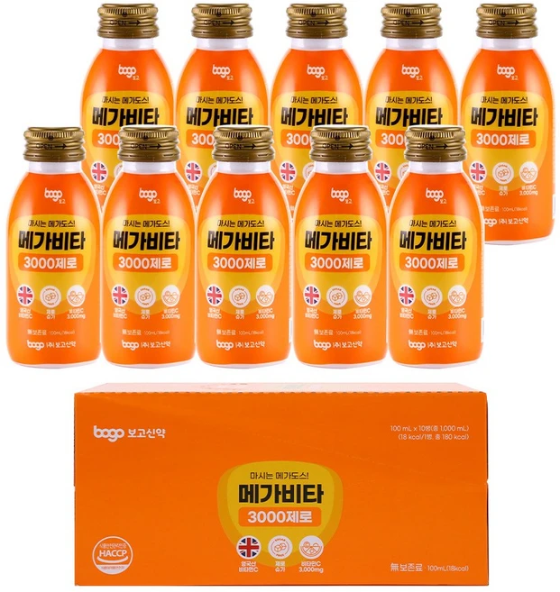 보고 메가비타3000 제로 비타민C 3000mg 무설탕 고함량 액상비타민 음료, 10개, 100ml - 쿠팡