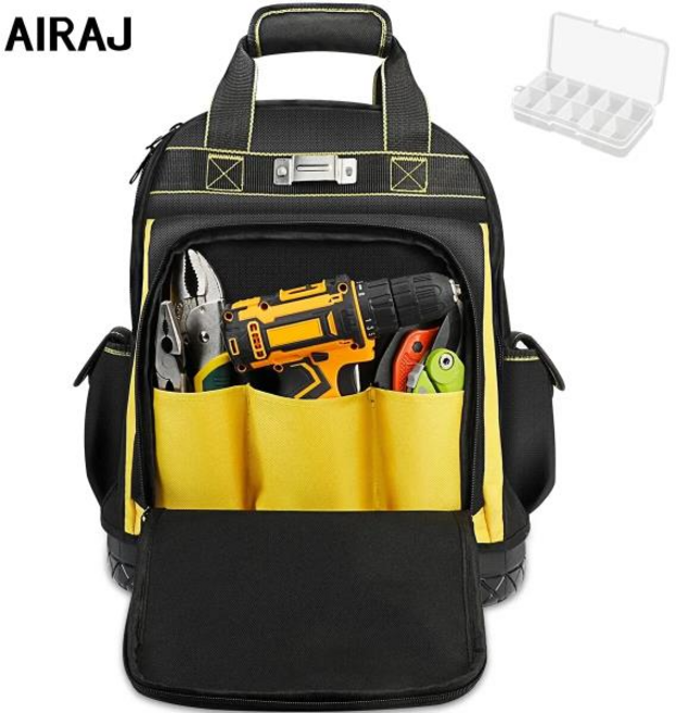 공구가방 AIRAJ 방수 도구 배낭 가방 고무 베이스 헤비 듀티 정리함 전기 배관공 유지 보수 작업자 가방 1.Tool Backpack, 1개
