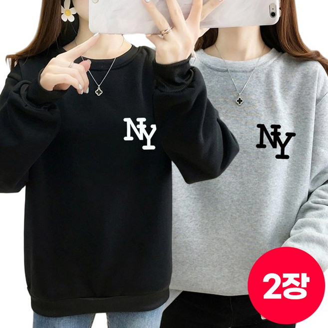 1+1스타일아유 여성 기모 맨투맨 NY 레터링 라운드 루즈핏 티셔츠 TS0495