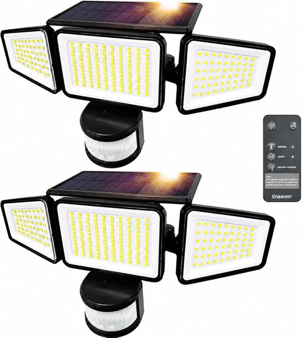 Ensenior 태양광 모션 조명 야외 3000LM 228 LED 고휘도 리모컨 보안 조명 IP65 방수 3헤드 투광 조명 4가지 모드 270° 광각 모션 센서 조명, Ensenior 태양광 모션 조명 야외, 3000LM