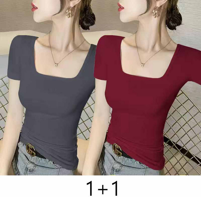 1+1 여성 슬림 반팔티 모달 스퀘어넥 반팔 티셔츠 2p 여름 여자 반팔 쫄티 LT