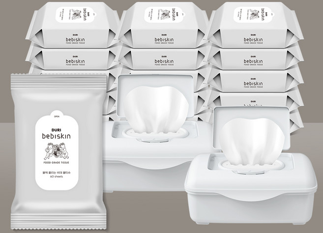 두리 베비스킨 생분해 초순수 비데물티슈 리필16팩+ 케이스 2개, 60매, 16개