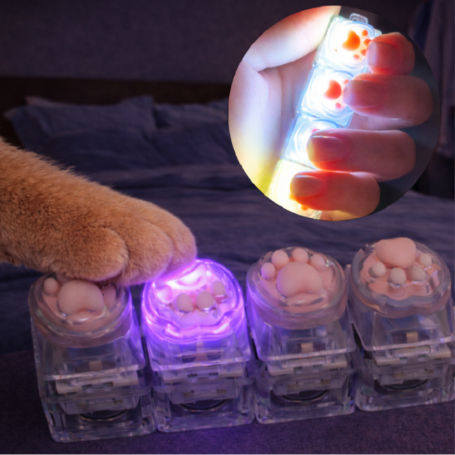 아크배라 LED 고양이 발바닥 키캡 키보드 딸깍이 열쇠고리, 1개, 투명 4구