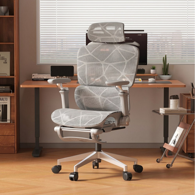 LOVFIR AIRMESH 902 인체공학 메쉬 사무용 의자 풀메쉬 의자 9D 팔걸이 헤드레스트 요추 지지 발받침 리클라이닝, 아이보리 그레이