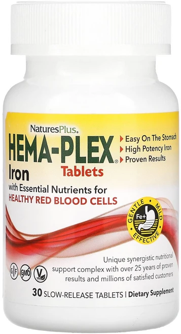 NaturesPlus Hema-Plex 건강한 적혈구 지원 필수 영양소 함유 철분 서방정 30정, NaturesPlus Hema-Plex 건강..., 1개 - 쿠팡