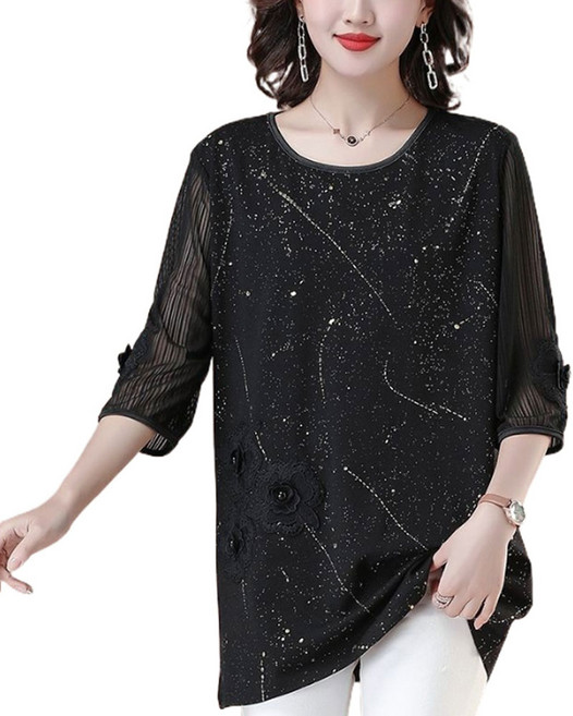 맵시난다 빅사이즈 여성 엄마옷 마담 시스루 티셔츠 7부 쉬폰 중년 블라우스 U282