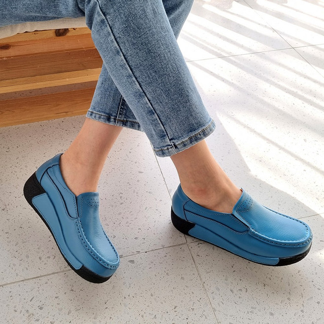 가이아슈 여성용 발편한 소가죽 통굽 슬립온 5cm