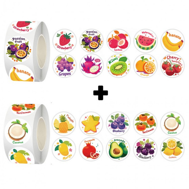1+1 2롤세트 영어 과일 시리즈 1000매입 롤스티커, 1세트, 혼합(S6194) 2롤1000PCS