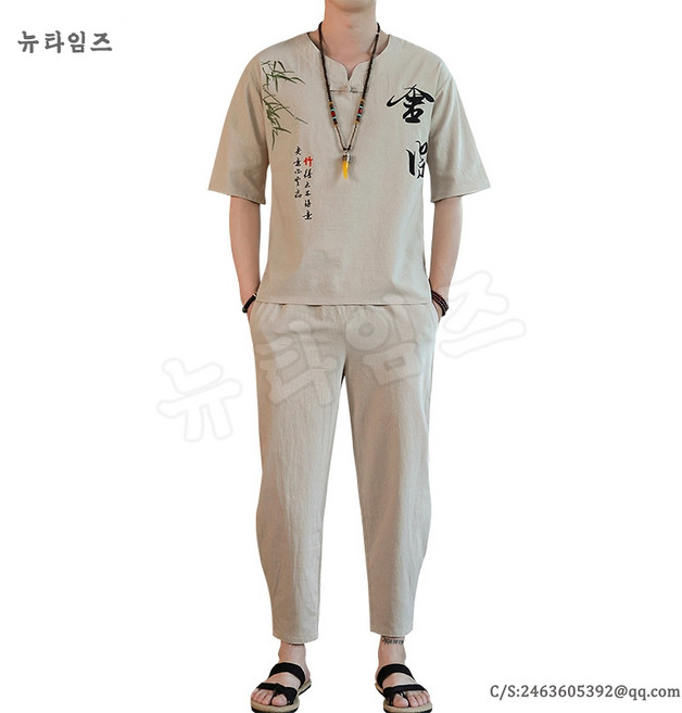 여름 남성 믹스 소재 슈트 면마 반팔상의 바지 오버사이즈 면 린넨 세트 자수 YD 뉴타임즈 O146F181