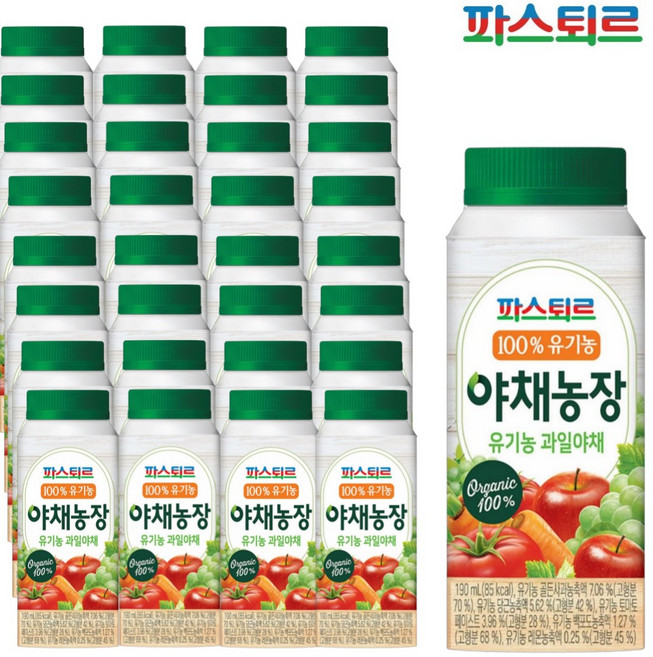 파스퇴르 파스퇴르 100%유기농 야채농장 과일야채 190ml(32팩), 32개, 190ml
