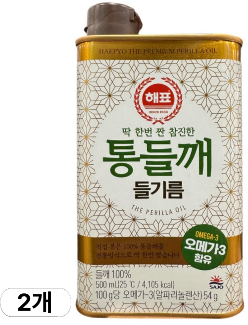 해표 통들깨 들기름, 2개, 500ml